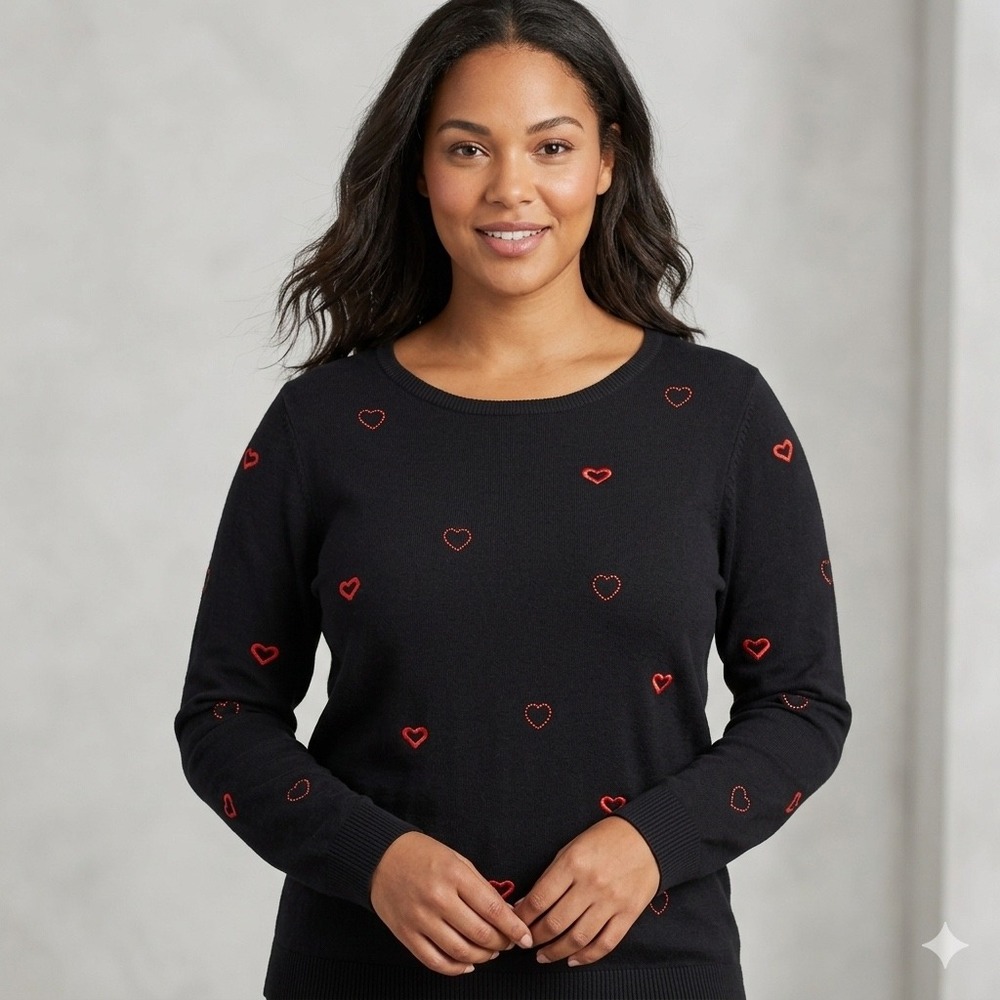 Christopher & Banks Womens Size Medium Black Knit Sweater Red Embroidered Hearts